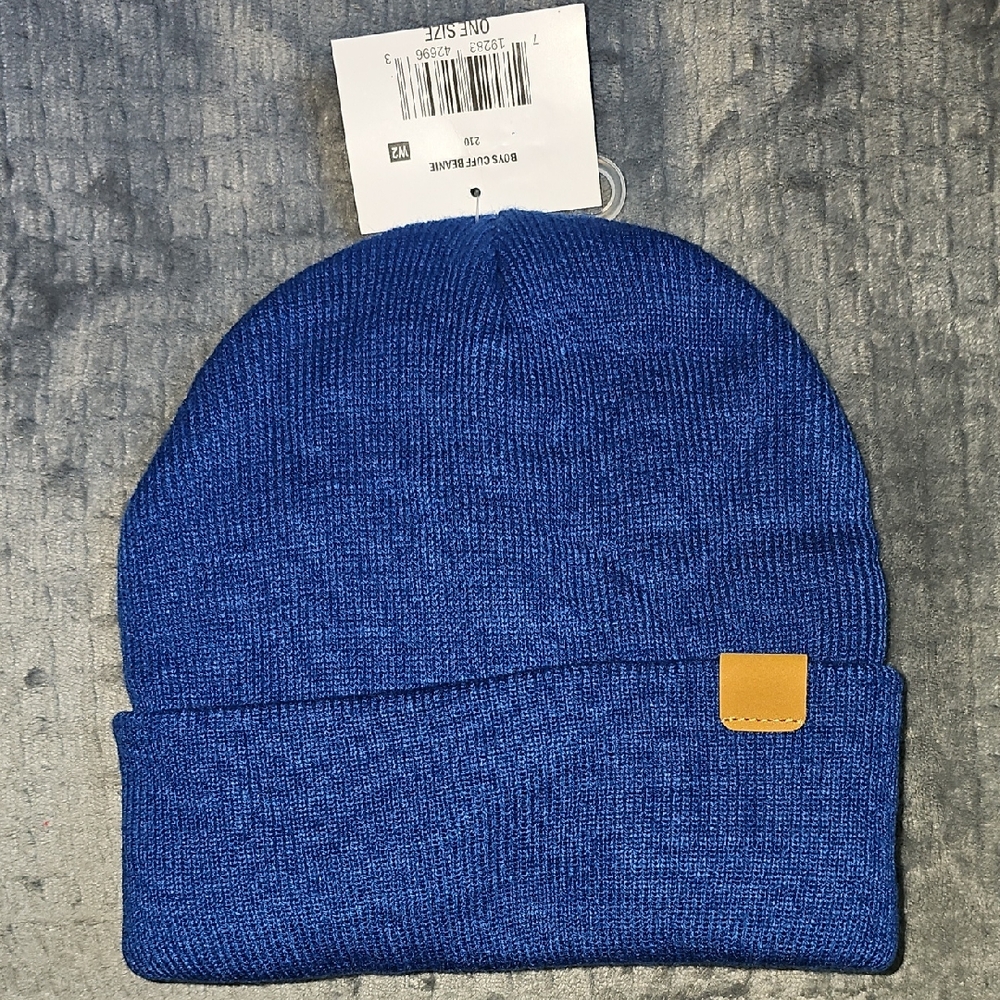 Blue Knit Beanie with Tan Patch